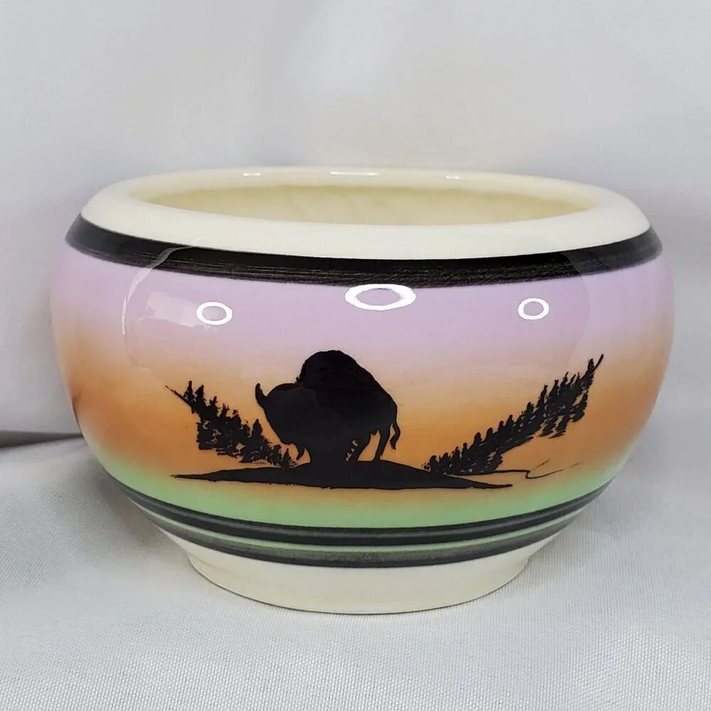 Native American Pottery Bowl Sunset Buffalo By Swift Eagle 4x3